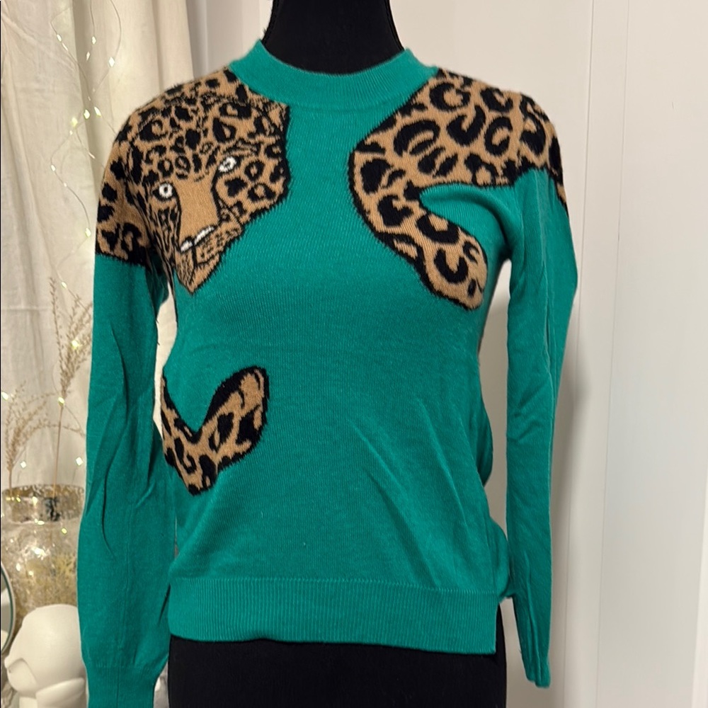 BCBG Green and Brown Crew Neck Sweater with Leopard Print